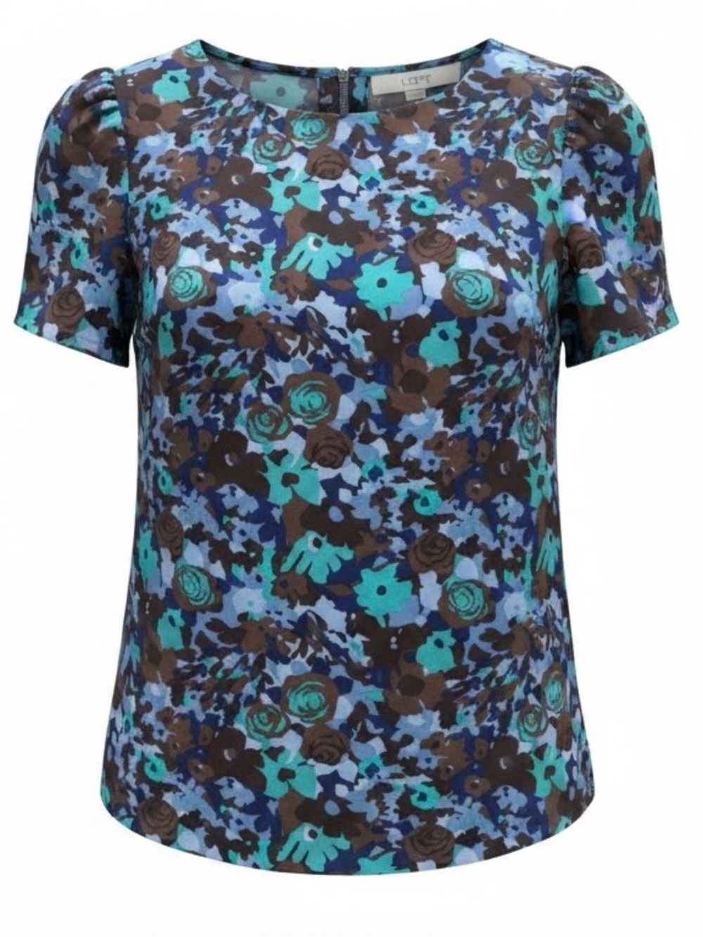 Loft Floral Short-Sleeve Blouse in Teal and Blue